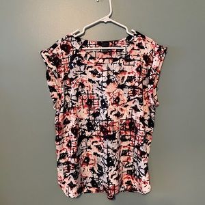 Navy, pink and coral print blouse.